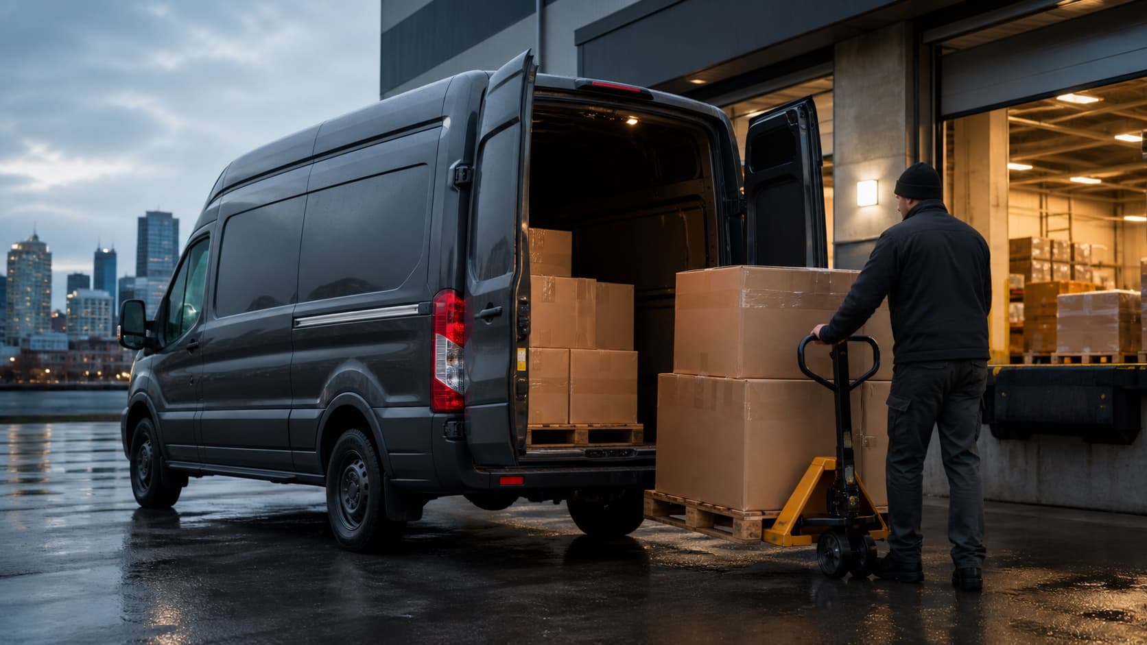 Commercial inventory being loaded at a warehouse