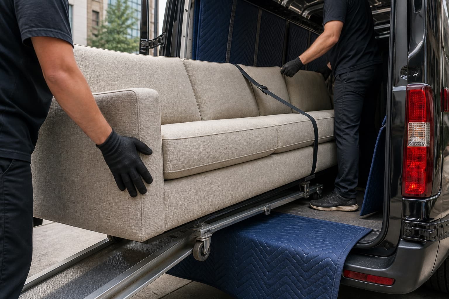 Sofa secured with professional moving equipment