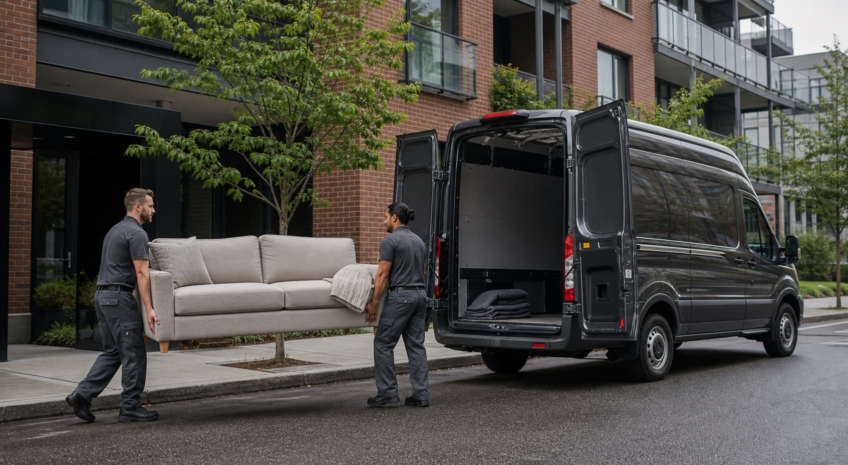 Professional movers loading a sofa outside a Montreal condo