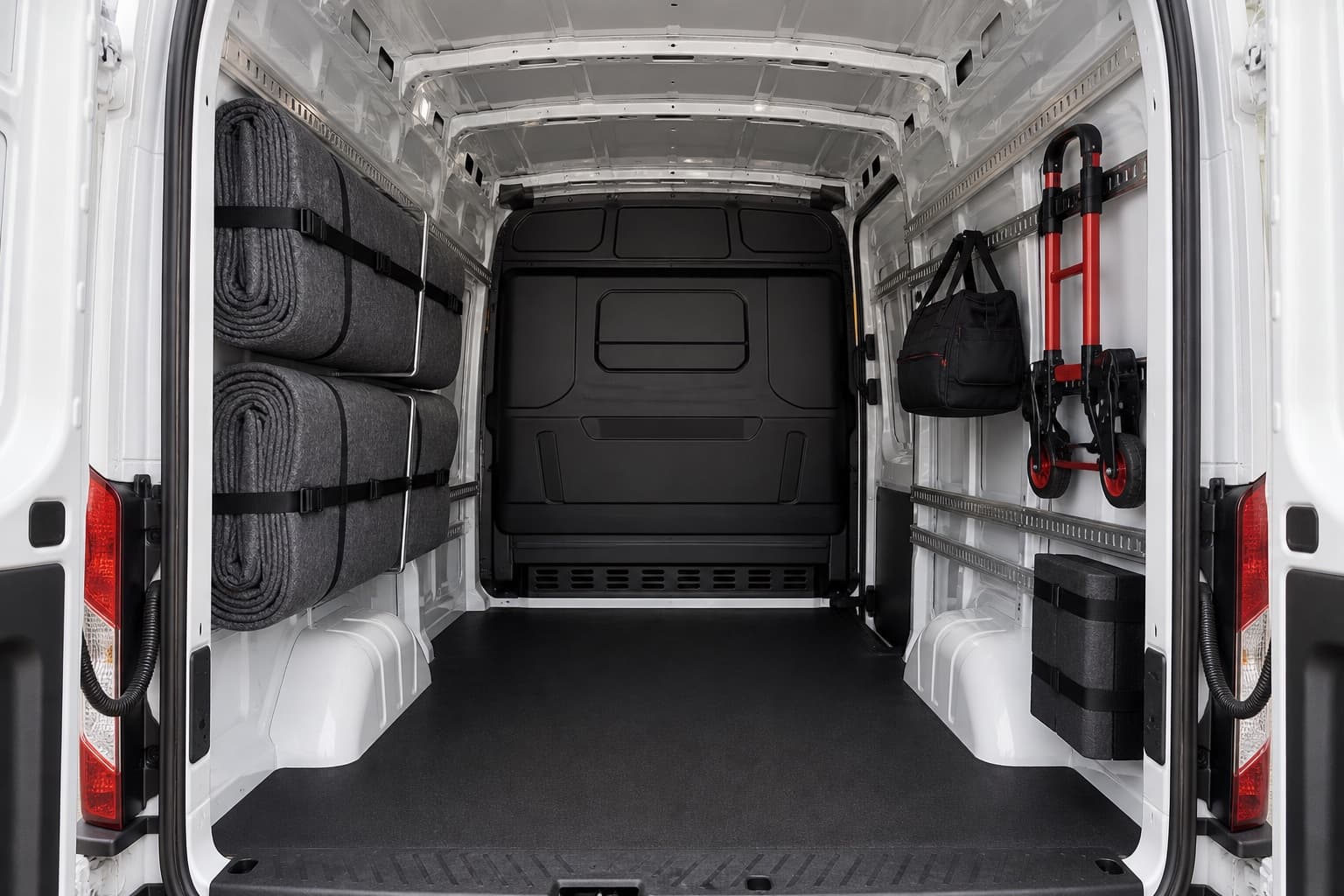 Clean organized Transit cargo interior with blankets and dolly